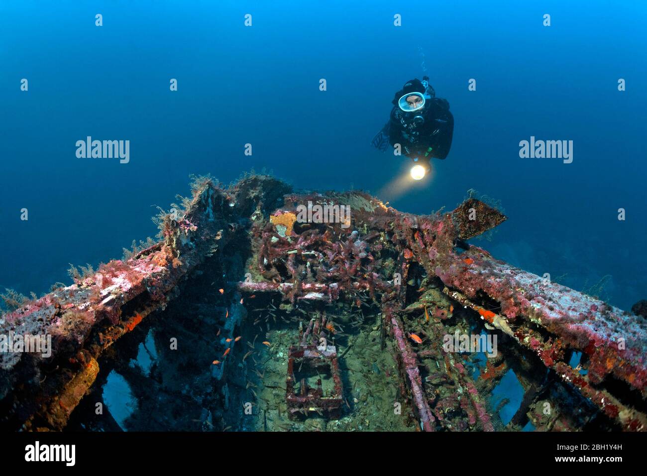 Vue plongée dans le poste de pilotage sur l'épave de l'aéronef, le chasseur, McDonnell Douglas F-4 Phantom II, l'océan Pacifique, la mer de Chine méridionale, Subic Bay, Luzon, Philippines Banque D'Images
