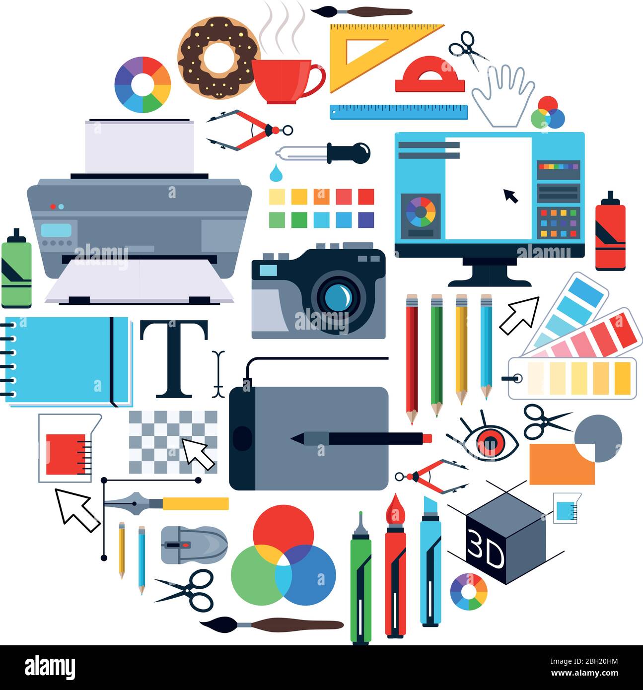 Images vectorielles d'outils pour les concepteurs graphiques. Icônes définies en forme de cercle. Dessin d'outils en cercle, crayon et pinceau, tablette et stylo, pinceau et ru Illustration de Vecteur