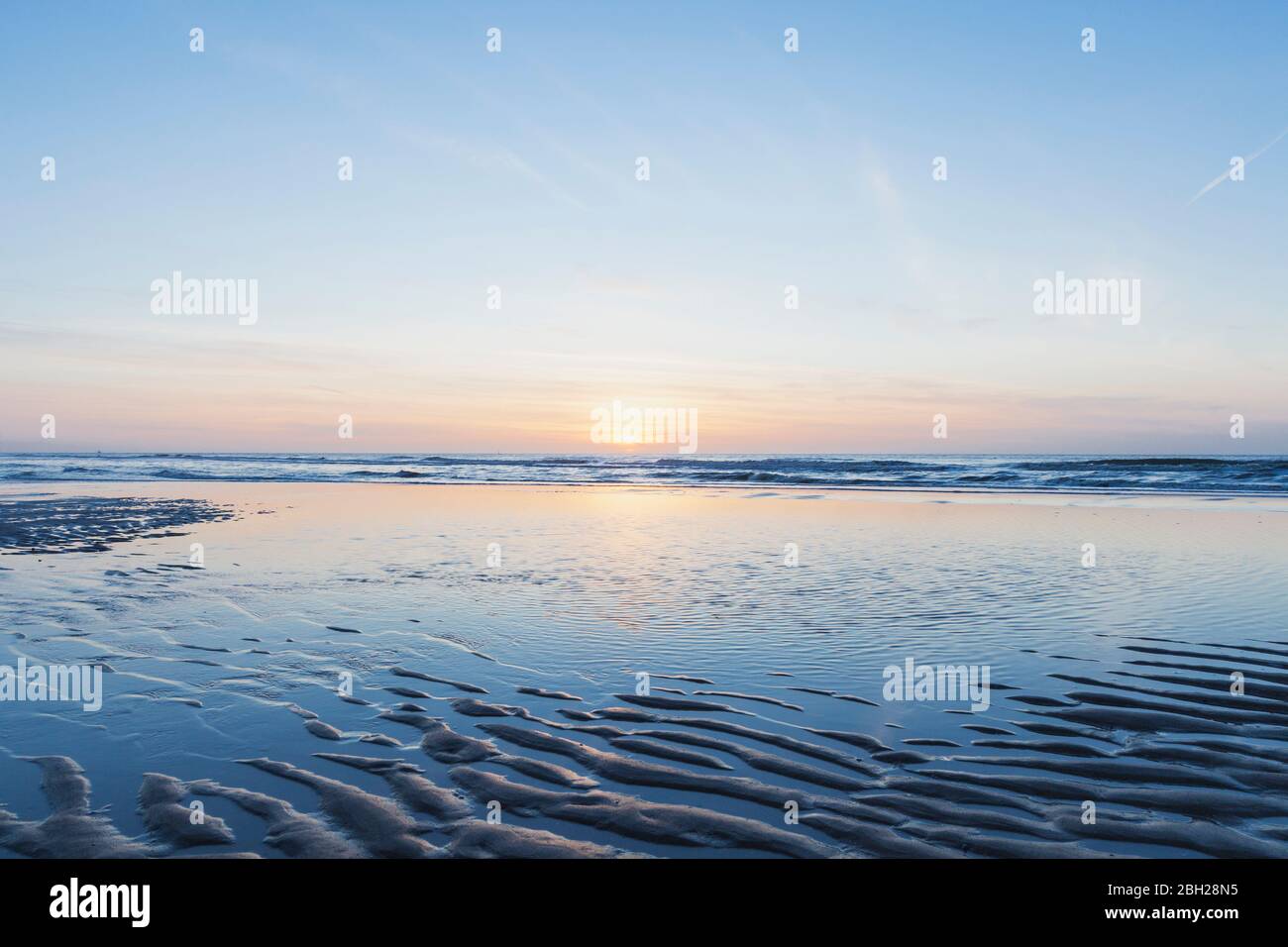 Vue panoramique sur la mer et le ciel au coucher du soleil, côte de la mer du Nord, Flandre, Belgique Banque D'Images