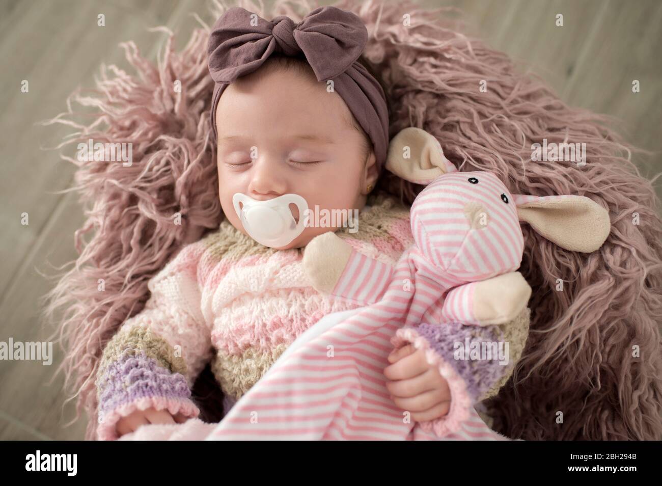 Portrait de bébé fille endormi avec serre-cheveux, jouet doux et sucette Banque D'Images