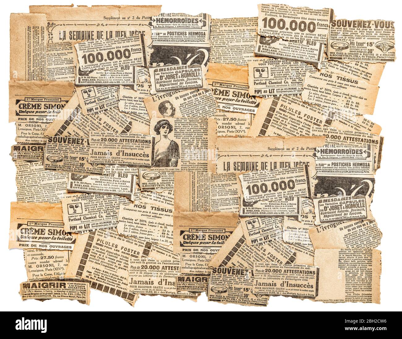 Pièces de journaux avec publicité ancienne. Anciennes bandes de magazine. Arrière-plan de style vintage Banque D'Images