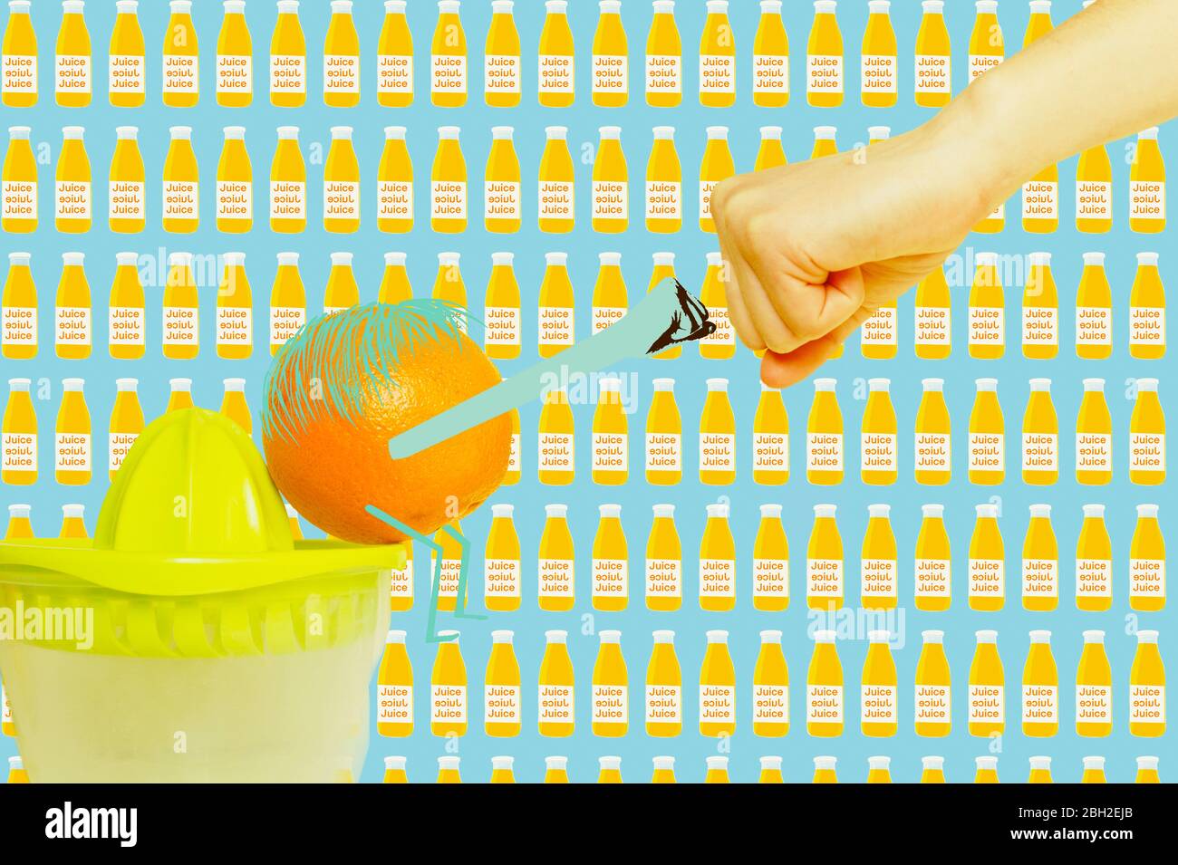 Photo illustration auf Fist, orange et presse-jus Banque D'Images