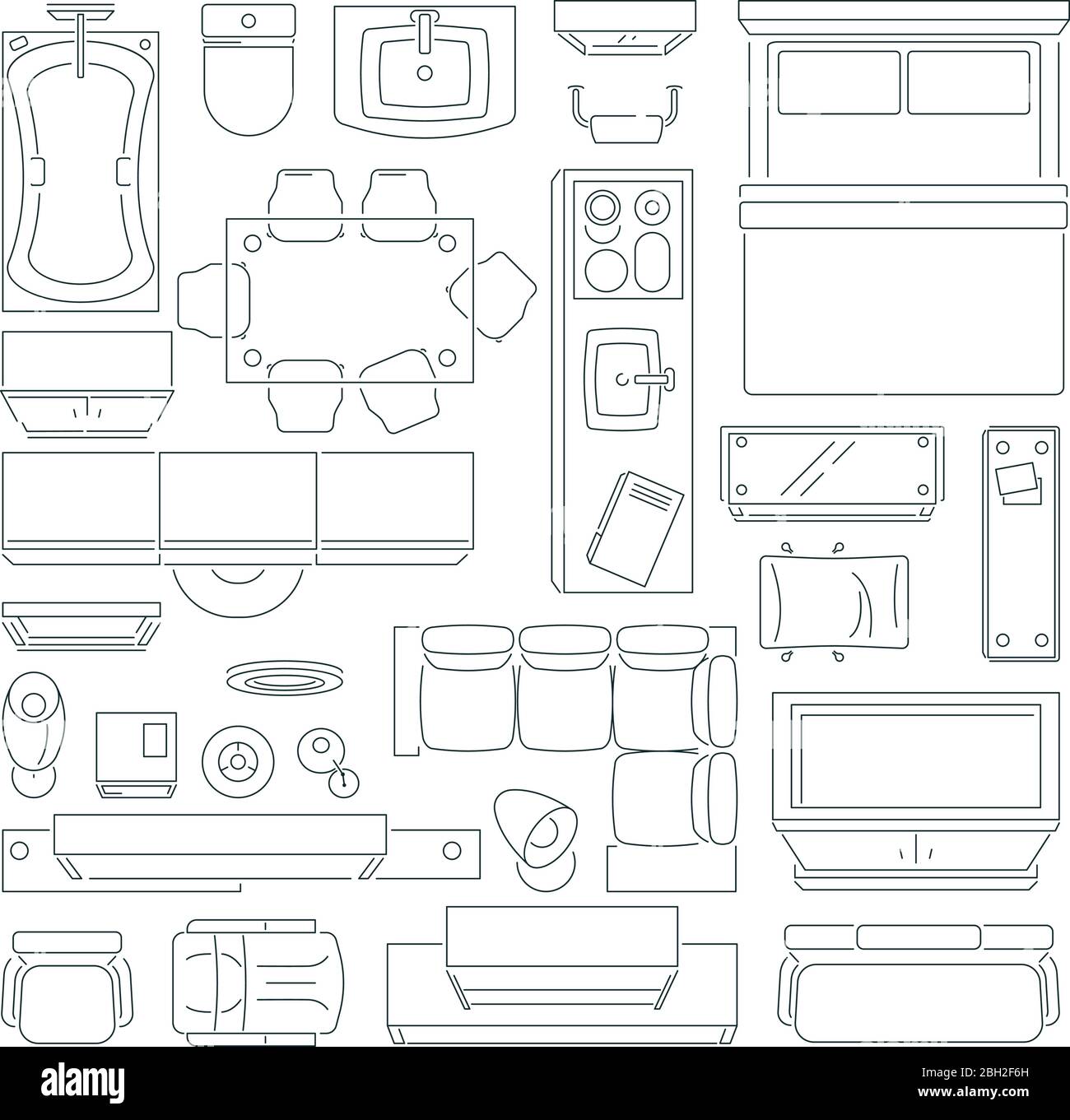 Vue de dessus de différents meubles pour la disposition de l'appartement. Jeu d'images vectorielles mono-ligne. Appartement linéaire plan maison, chambre et cuisine illus Illustration de Vecteur