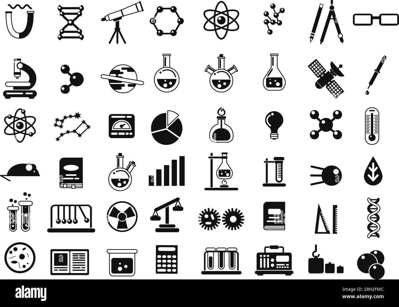 Jeu monochrome de différents symboles chimiques et autres icônes scientifiques dans un style plat. Éléments de laboratoire de science chimique. Illustration vectorielle Illustration de Vecteur