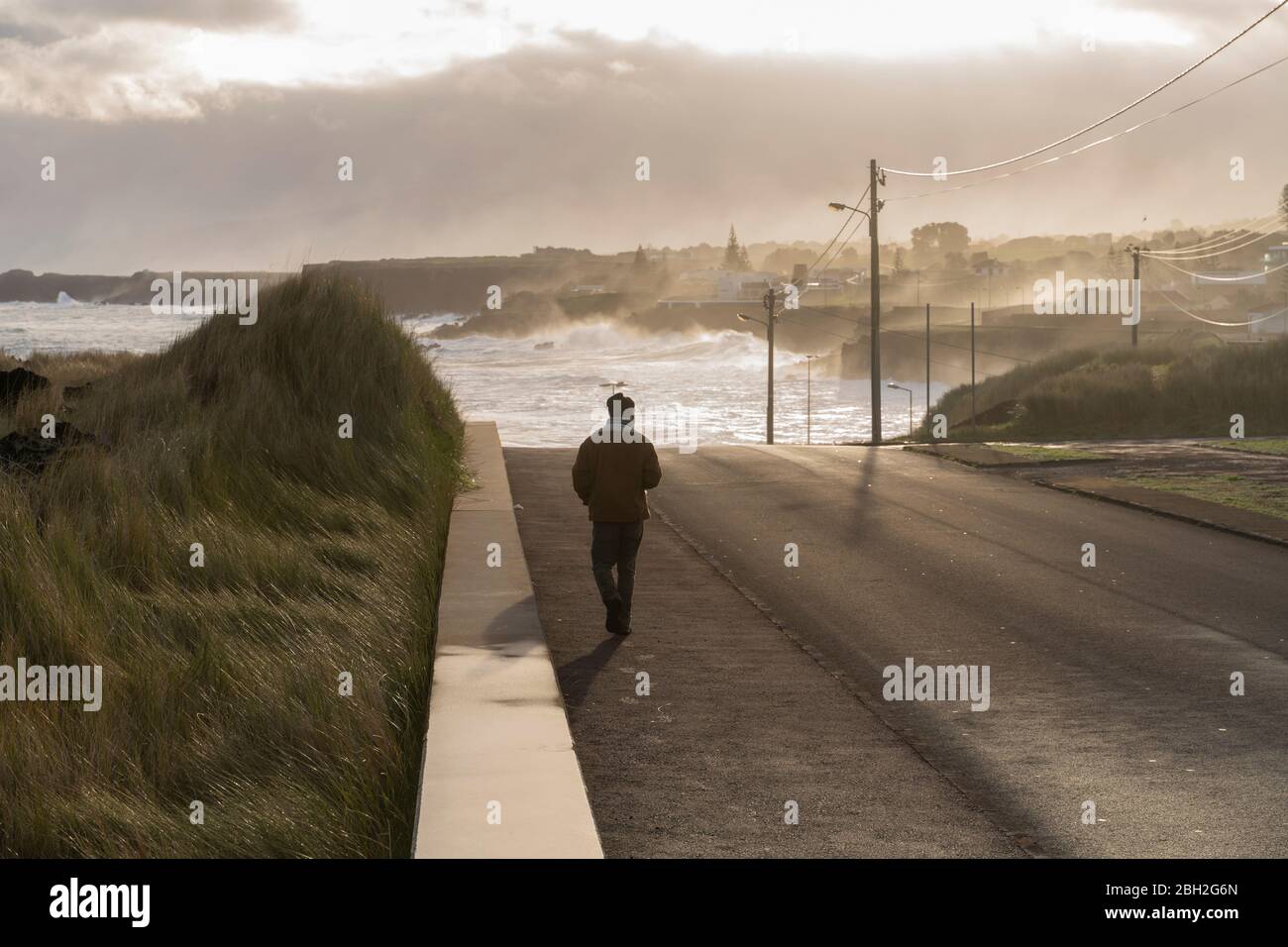 Vue arrière d'un homme marchant sur une route sur la côte, île de Sao Miguel, Açores, Portugal Banque D'Images