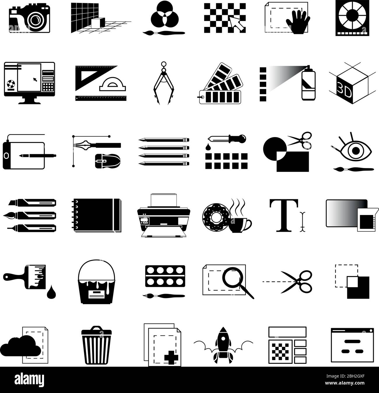 Outils créatifs pour artistes graphiques ou concepteurs de sites Web. Illustrations vectorielles noir et blanc. Outils dessin et équipement règle et pinceau, fonction Illustration de Vecteur