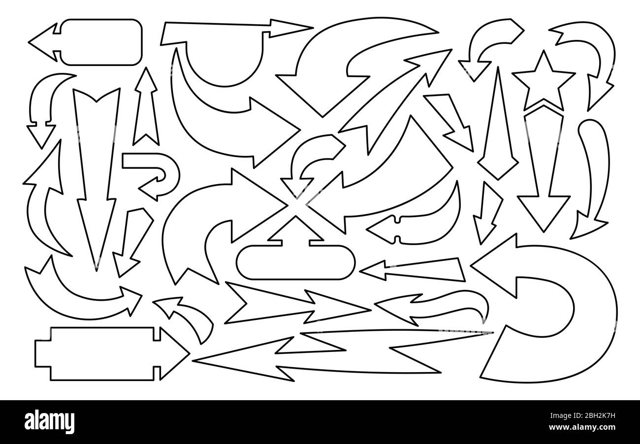 Flèche divers sens ligne noire silhouette ensemble. Collection infographie simple. Tracer les icônes de flèche du curseur. Les flèches linéaires différentes noires sont indiquées en haut, à gauche et à droite. Illustration du vecteur de contour Illustration de Vecteur