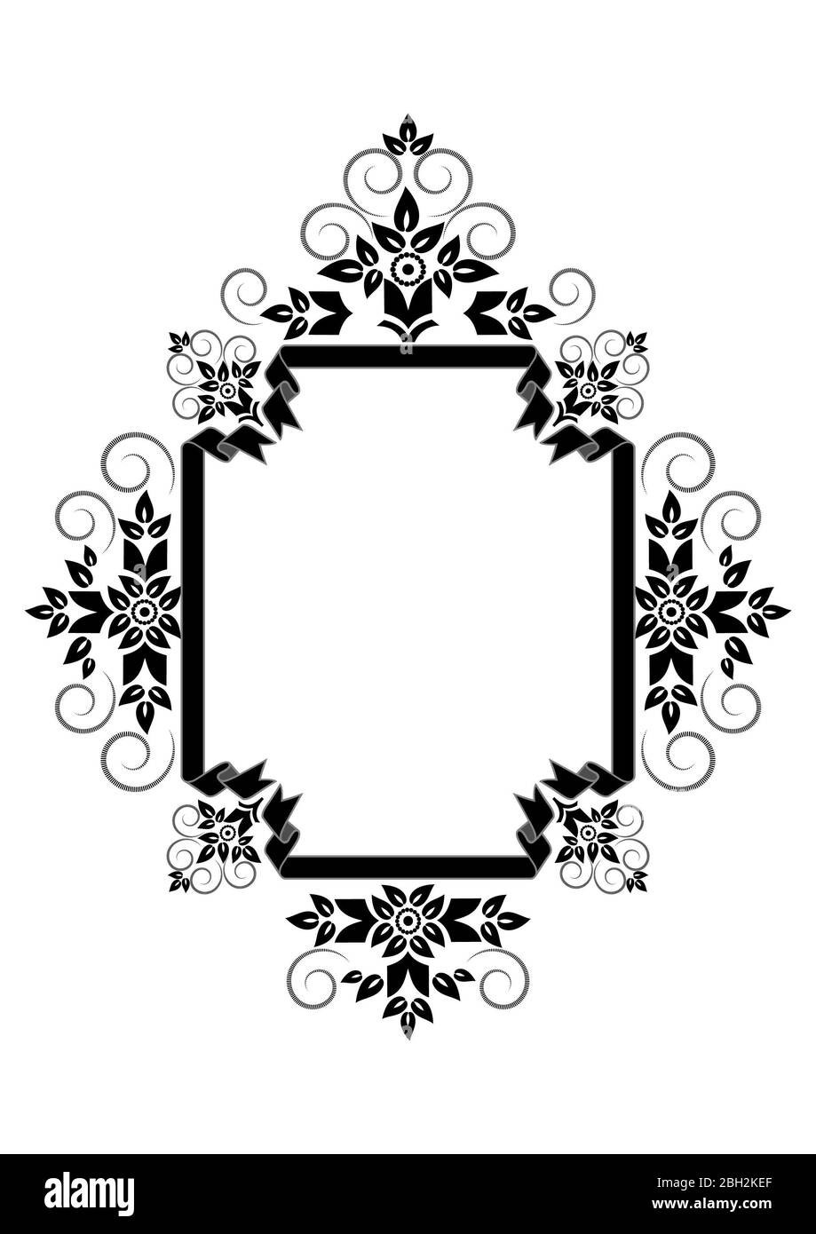 Ruban noir cadre rectangulaire avec bords incurvés et les modèles de coups avec fleurs et feuilles stylisées sur fond blanc Banque D'Images