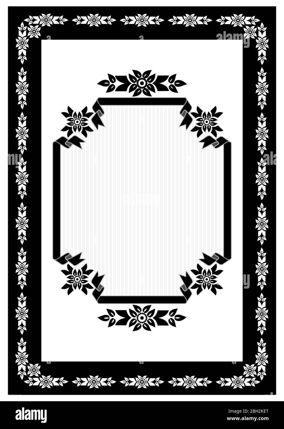 Ruban noir d'origine avec les bords incurvés encadrée par une bordure noire avec des motifs de fleurs stylisées blanches avec des feuilles sur fond blanc Banque D'Images