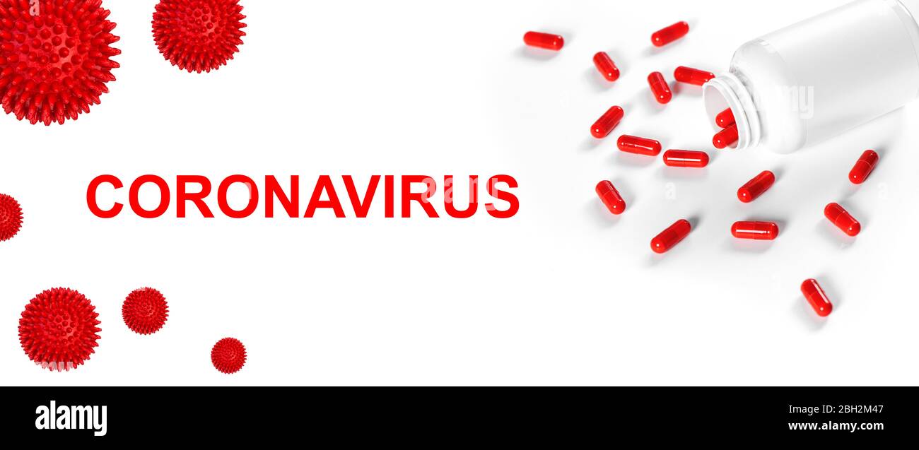 Épidémie de covid-19 du coronavirus. Pandémie du virus Corona. Pilules rouges sur fond blanc Banque D'Images