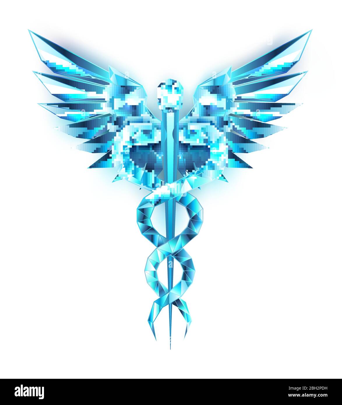 Symboles Caduceeus en cristal bleu sur fond noir isolé. Symbole poly faible de la médecine. Illustration de Vecteur