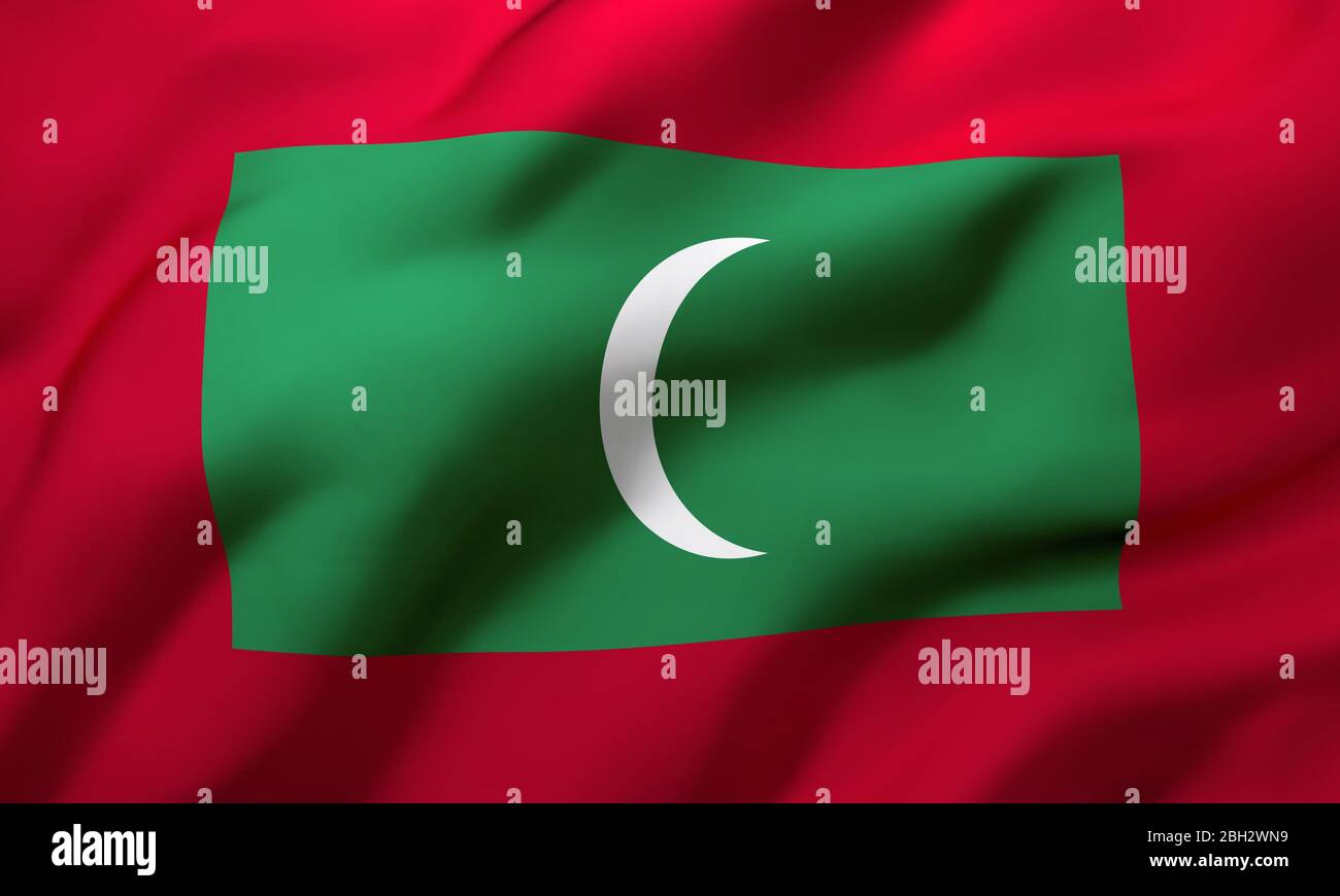 Drapeau des Maldives soufflant dans le vent. Drapeau volant Maldiviens pleine page. Illustration tridimensionnelle. Banque D'Images