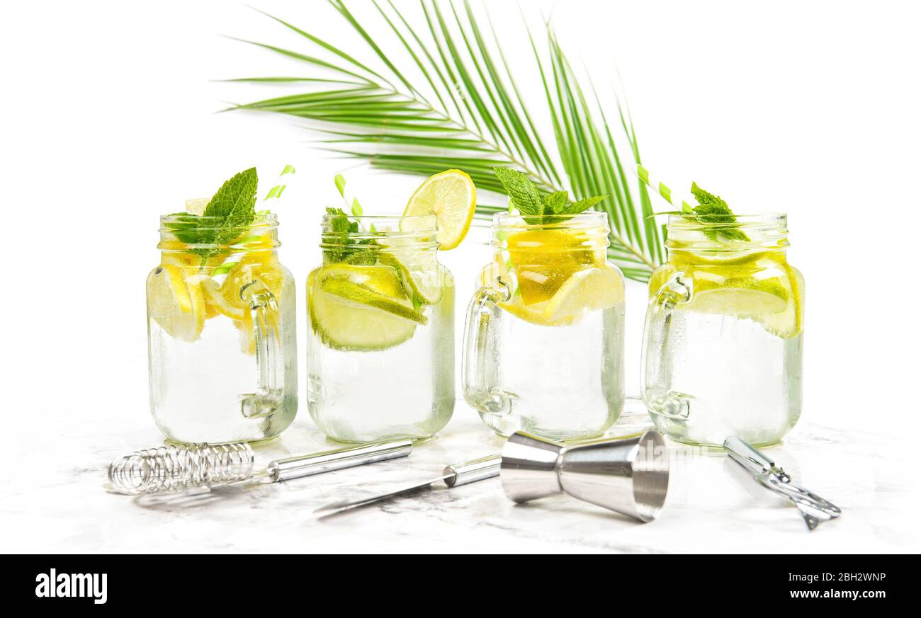 Boisson cocktail avec citron vert, menthe et glace. Bar outils et décoration de feuilles de palmiers sur fond blanc Banque D'Images