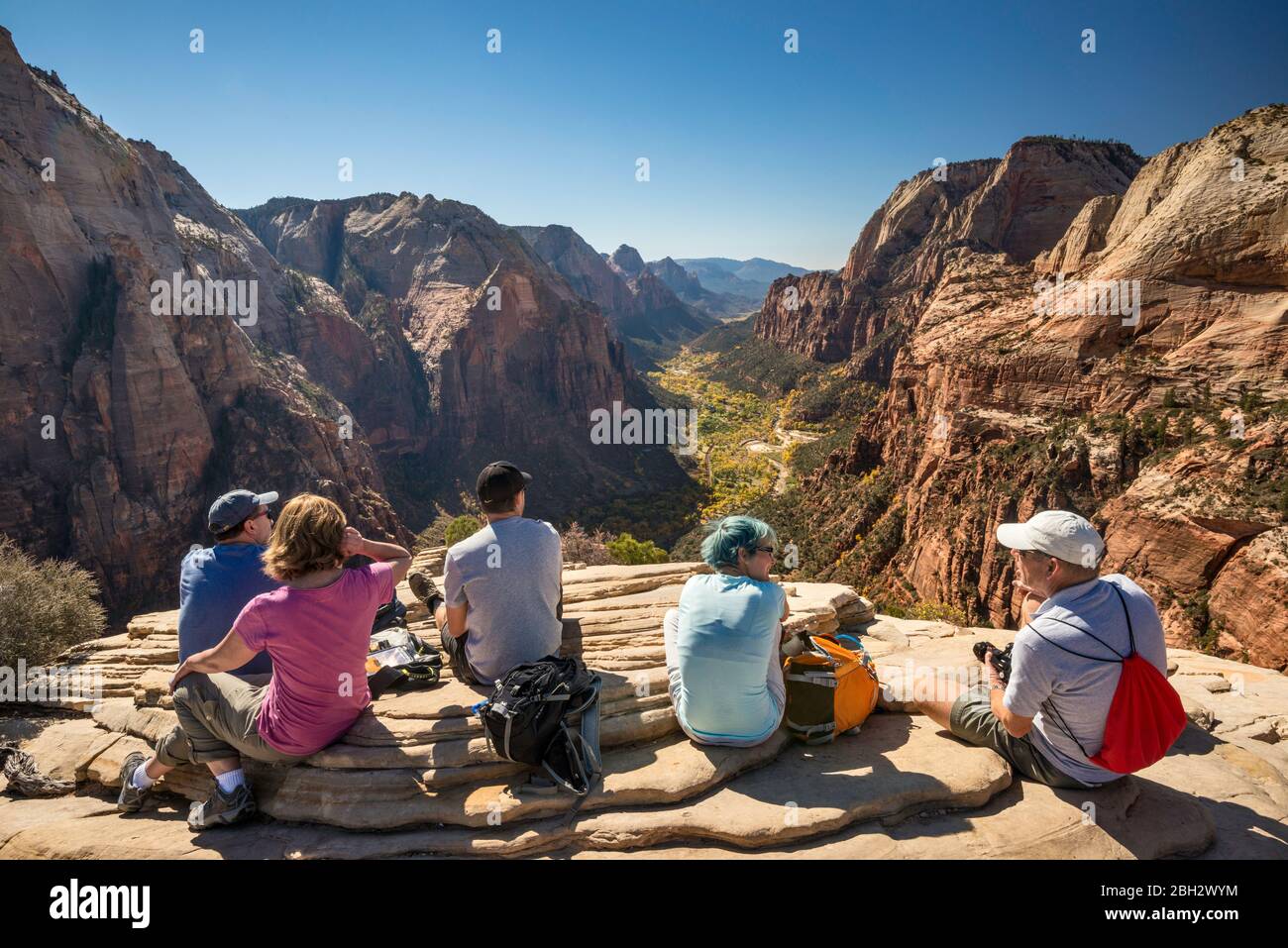 Randonneurs au sommet d'Angels Landing, Zion Canyon ci-dessous, Zion National Park, Utah, États-Unis Banque D'Images