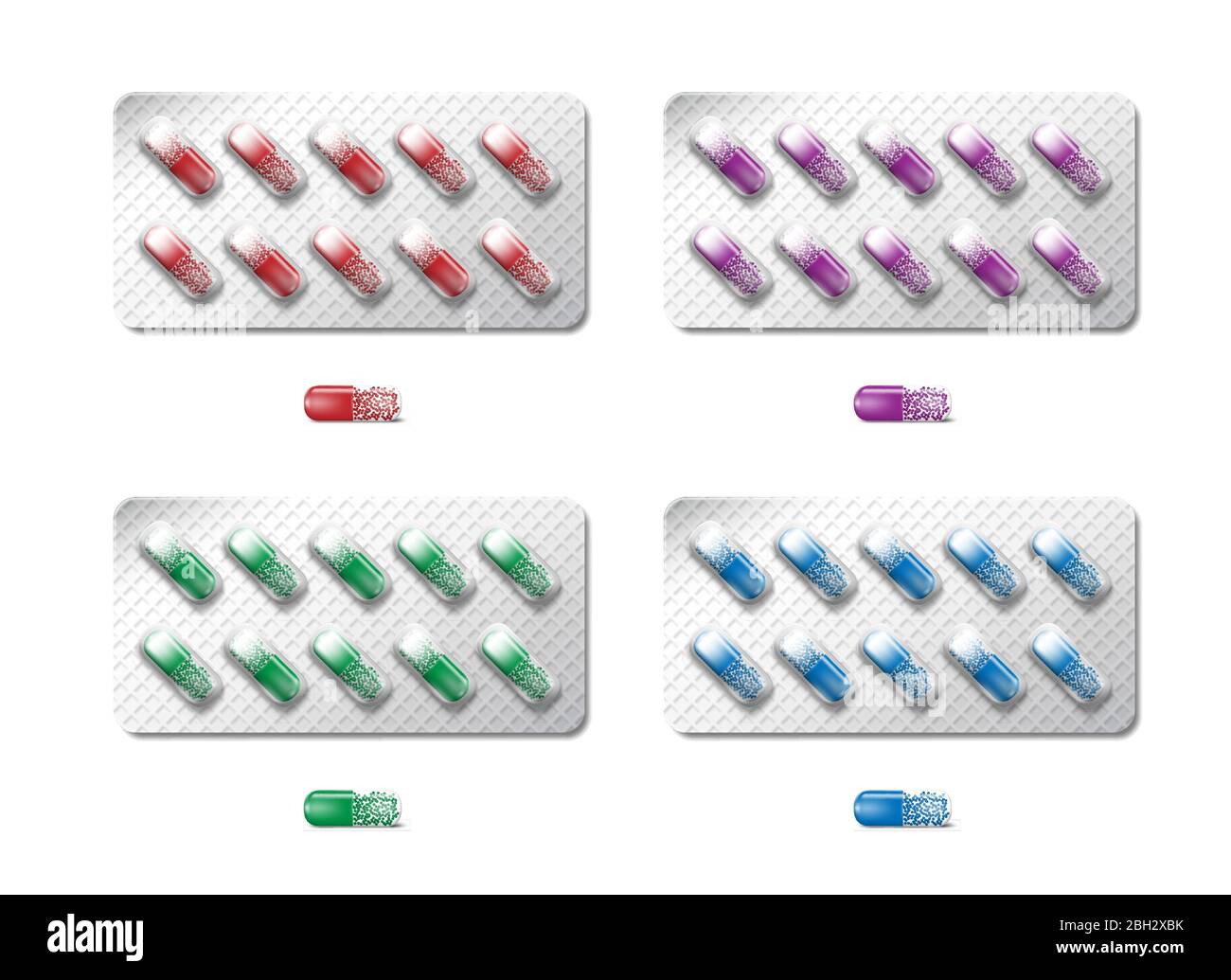 Médicaments analgésiques comprimés emballage. Médicaments réalistes de couleur tridimensionnelle dans des blisters isolés. Boîte de plaquettes thermoformées. Soins médicaux pharmaceutiques Illustration de Vecteur