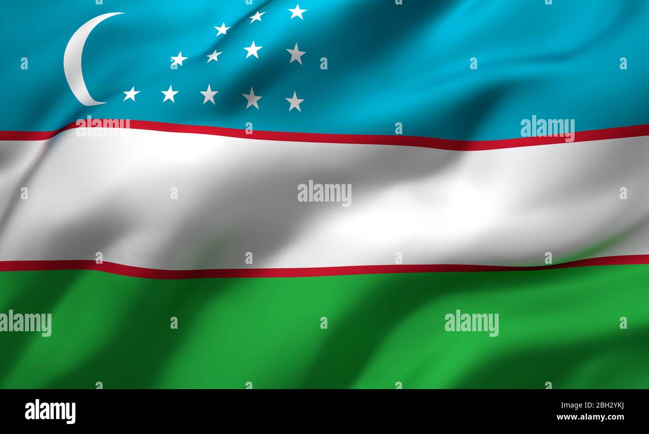 Drapeau de l'Ouzbékistan soufflant dans le vent. Drapeau volant ouzbek pleine page. Illustration tridimensionnelle. Banque D'Images