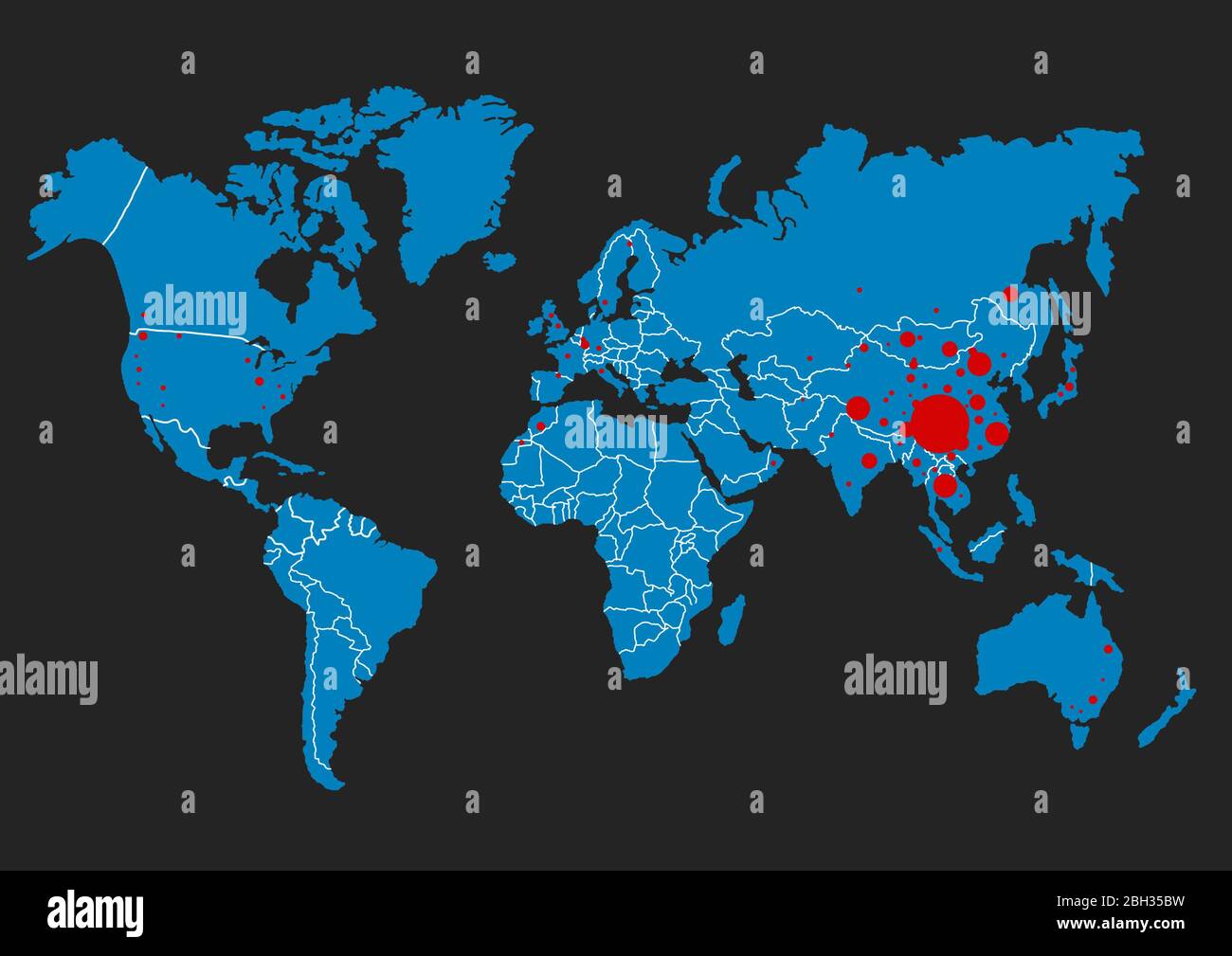 Coronavirus à Wuhan Chine. La carte rouge de la chine sur la carte du monde  avec des points Photo Stock - Alamy