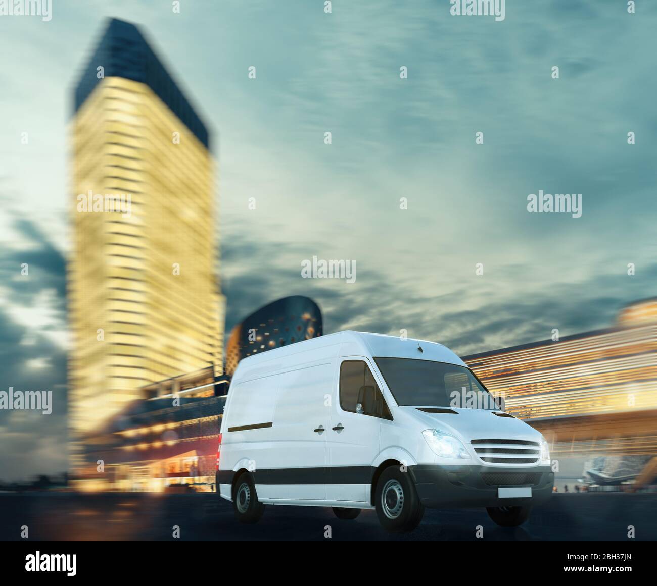 Livraison ultra rapide de services de forfait avec une camionnette mobile sur le paysage urbain moderne Banque D'Images
