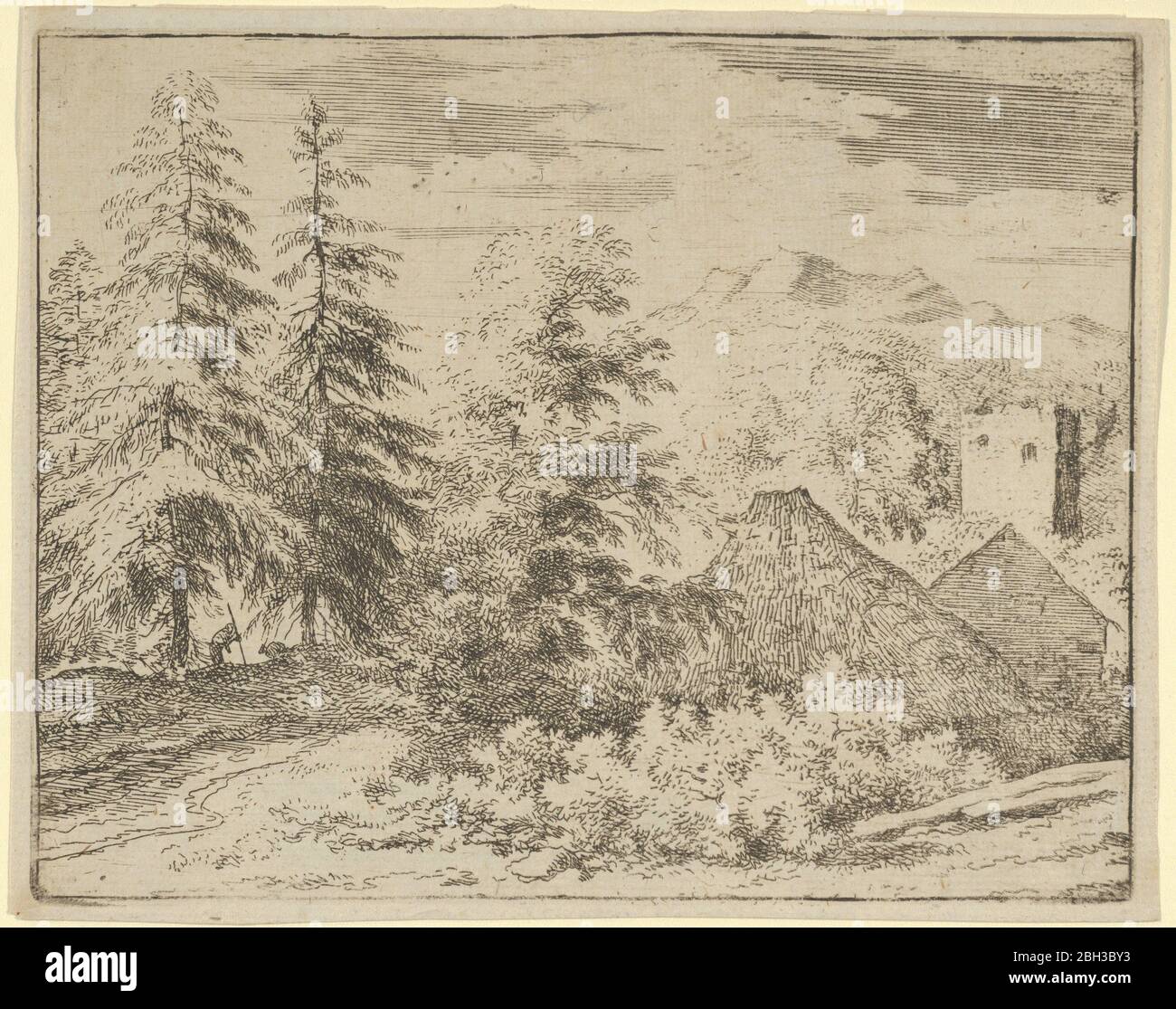 L'homme entre les deux arbres de Fir, XVIIe siècle. Deuxième état de deux. Banque D'Images