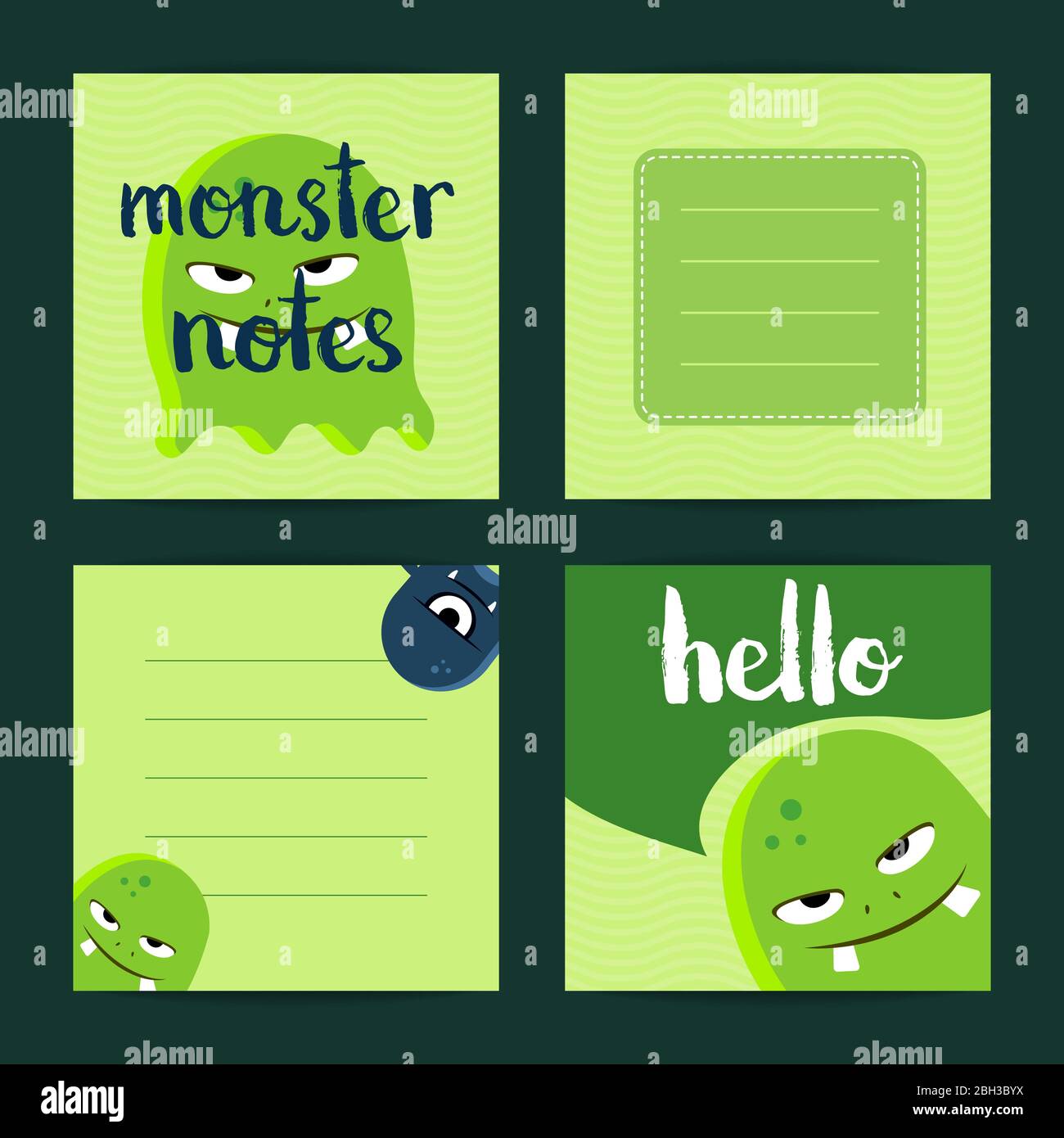 Cartes à note carrée vectorielles avec monstres de dessin animé, carte verte avec illustration de monstres Illustration de Vecteur