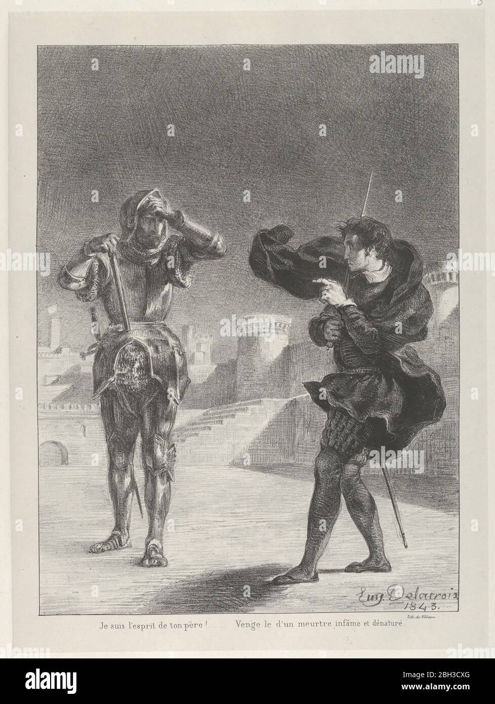 Le fantôme sur la terrasse, 1843. Dans l'acte 1, scène 5, Hamlet apprend du fantôme de son père, il a été assassiné par l'oncle de Hamlet. Banque D'Images