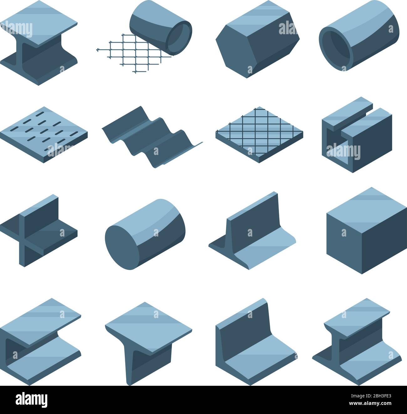 Ensemble d'icônes industrielles de production métallogique. Images isométriques de tuyaux en acier ou en fer. Tuyau métallique et acier de production, tube de construction et prof Illustration de Vecteur