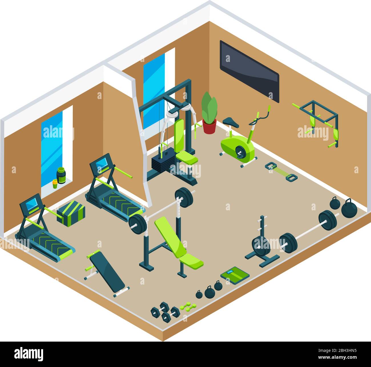 Illustrations isométriques en relief de la salle de sport avec différents équipements sportifs pour le levage de puissance et la musculation. Intérieur de la salle de sport, salle de fitness avec équipement Illustration de Vecteur