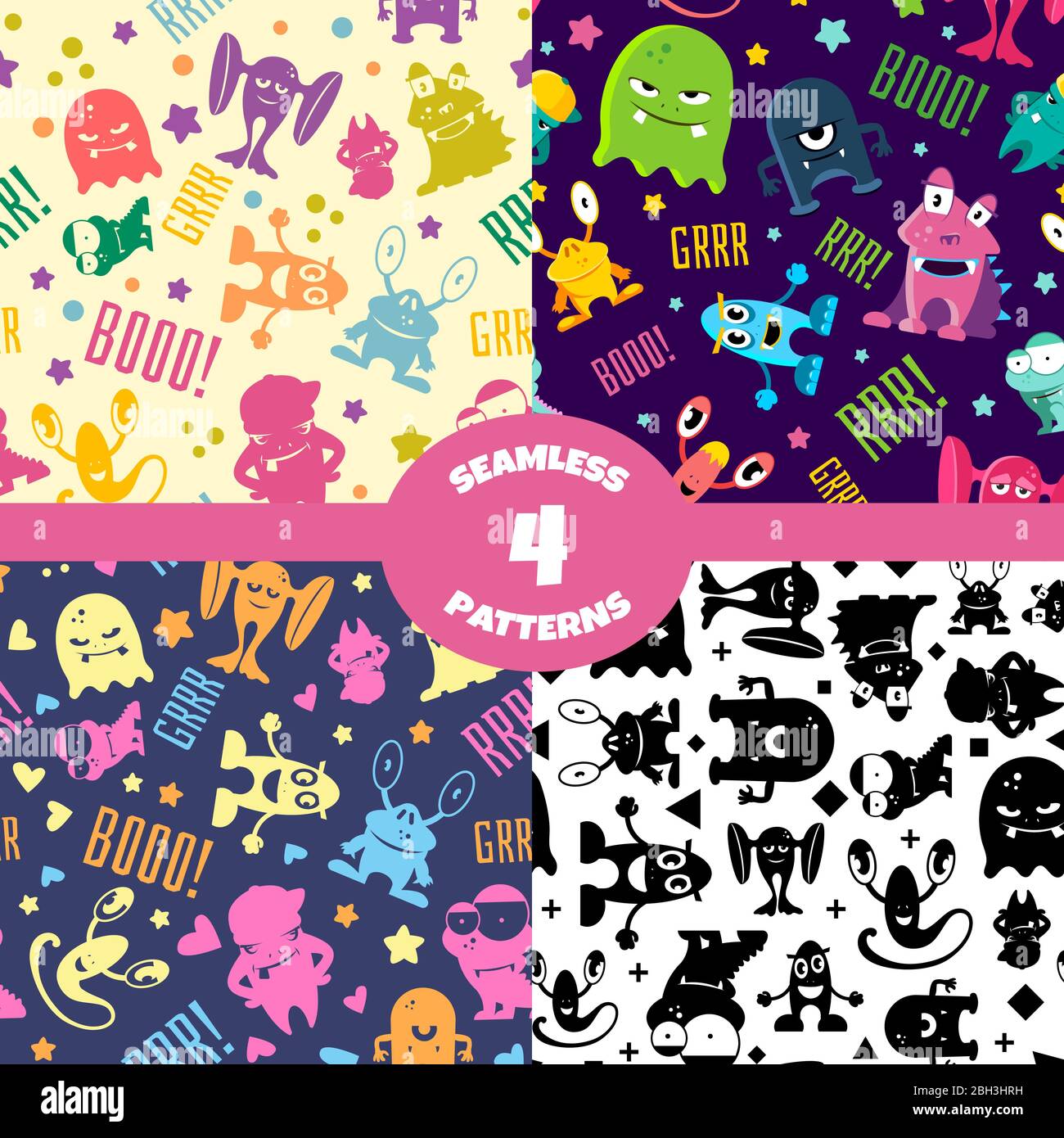 Motifs sans coutures avec de jolis monstres de dessin animé. Fond vectoriel avec des personnages sourire, illustration halloween extraterrestre Illustration de Vecteur