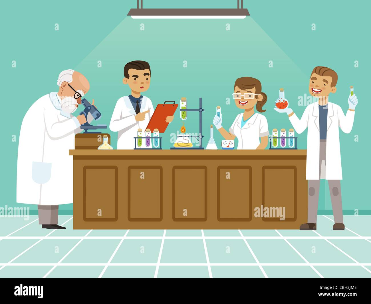 Les chimistes professionnels de leur laboratoire font différentes expériences sur la table. Les travailleurs médicaux masculins et féminins. Enseignement de la chimie dans la Illustration de Vecteur