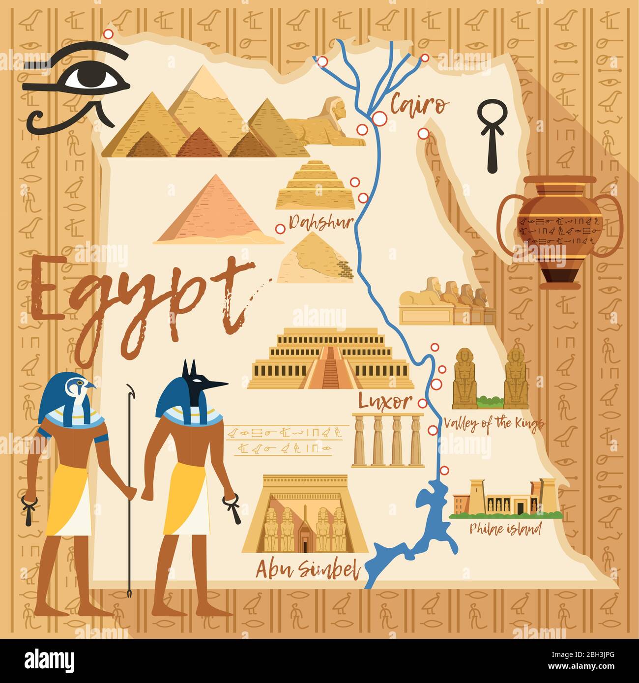 Carte stylisée de l'Egypte avec différents objets culturels et monuments. Egypte carte Voyage avec l'ancien site touristique sphinx et pyramide. Illustration vectorielle Illustration de Vecteur