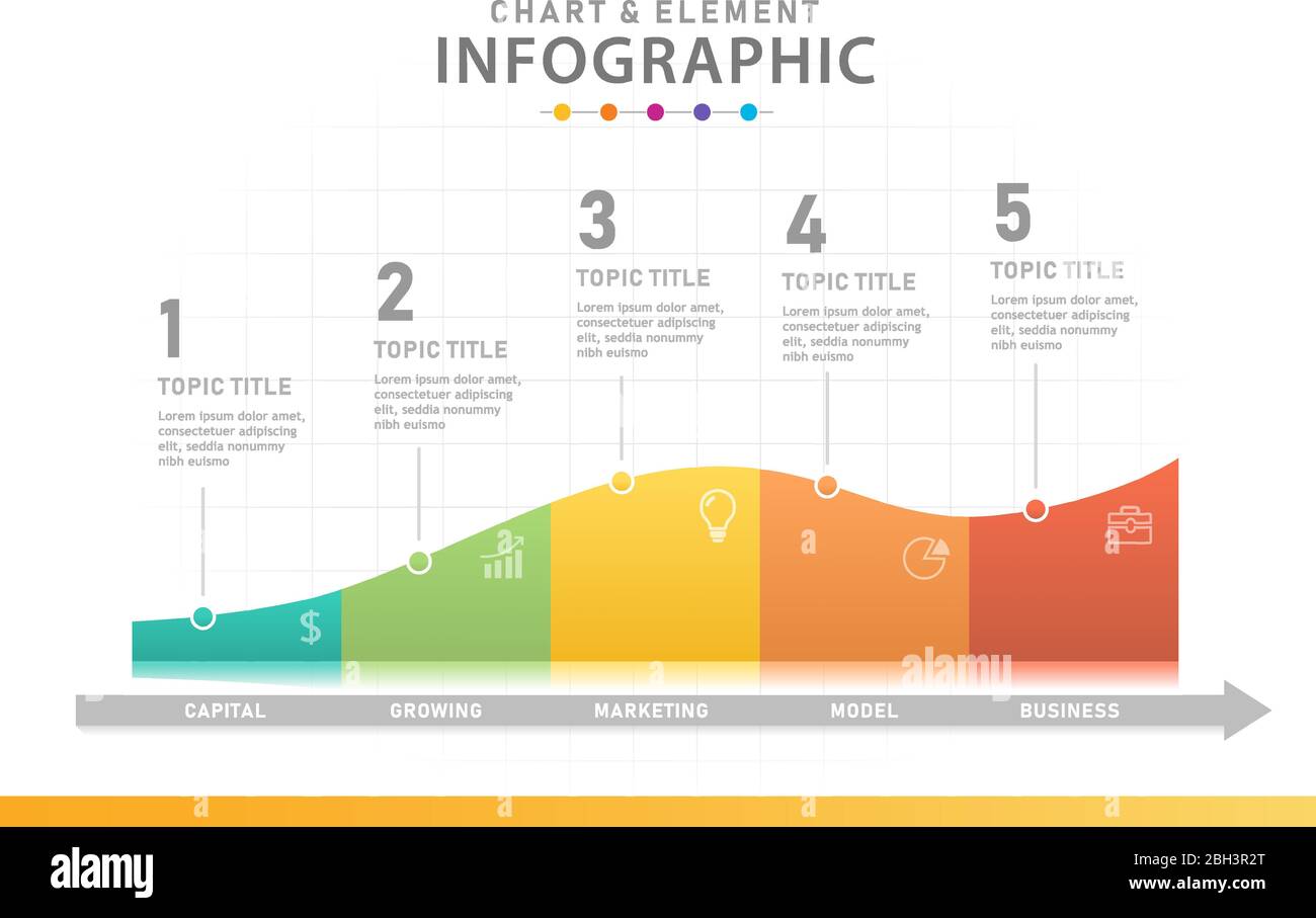 Modèle d'infographie pour les entreprises. Diagramme graphique moderne en 5 étapes avec courbes, infographie vectorielle de présentation. Illustration de Vecteur