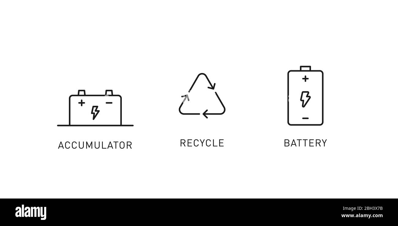 Recyclage de l'accumulateur, icônes de ligne fine de la batterie. Élément de conception pour les énergies renouvelables, la technologie verte. Illustration vectorielle. Illustration de Vecteur