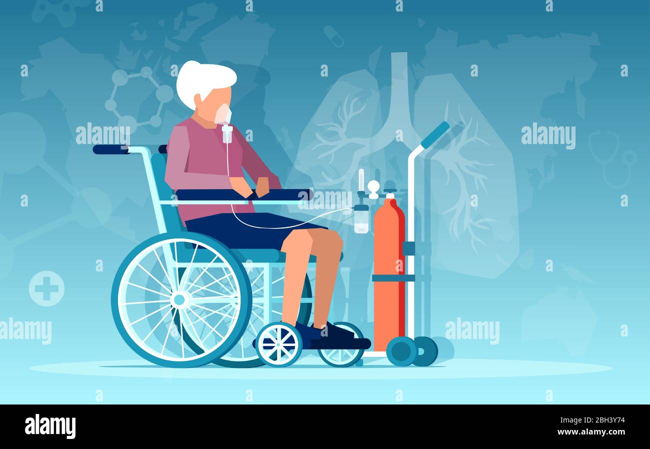 Vecteur d'une femme âgée assise en fauteuil roulant ayant des difficultés respiratoires sur la thérapie par oxygène Illustration de Vecteur