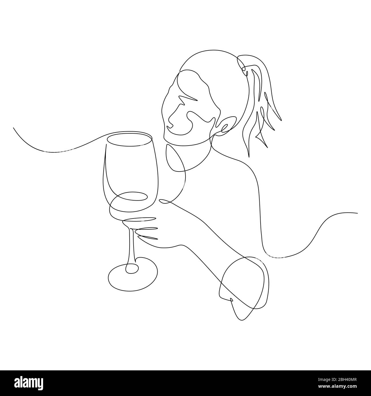 Femme continue d'une ligne avec un verre de vin à la main. Vecteur Illustration de Vecteur