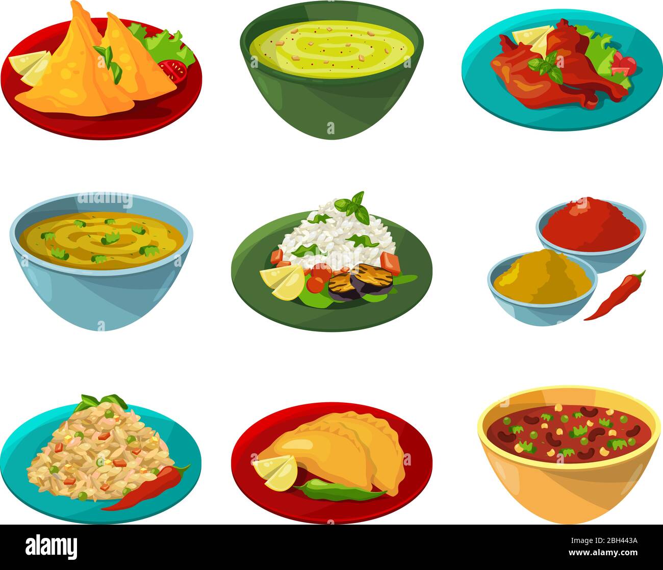 Images vectorielles de la cuisine nationale indienne. Illustration du dîner traditionnel asiatique indien Illustration de Vecteur