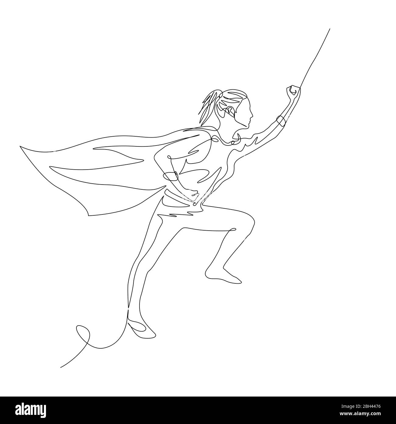 Une femme superhéro continue d'une ligne dans un cloak vole avec une main levée. Vecteur Illustration de Vecteur
