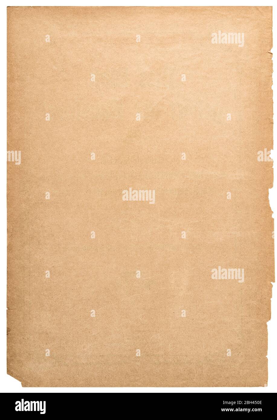 Feuille de papier utilisée avec bords déchirés. Page de livre vintage isolée sur fond blanc Banque D'Images