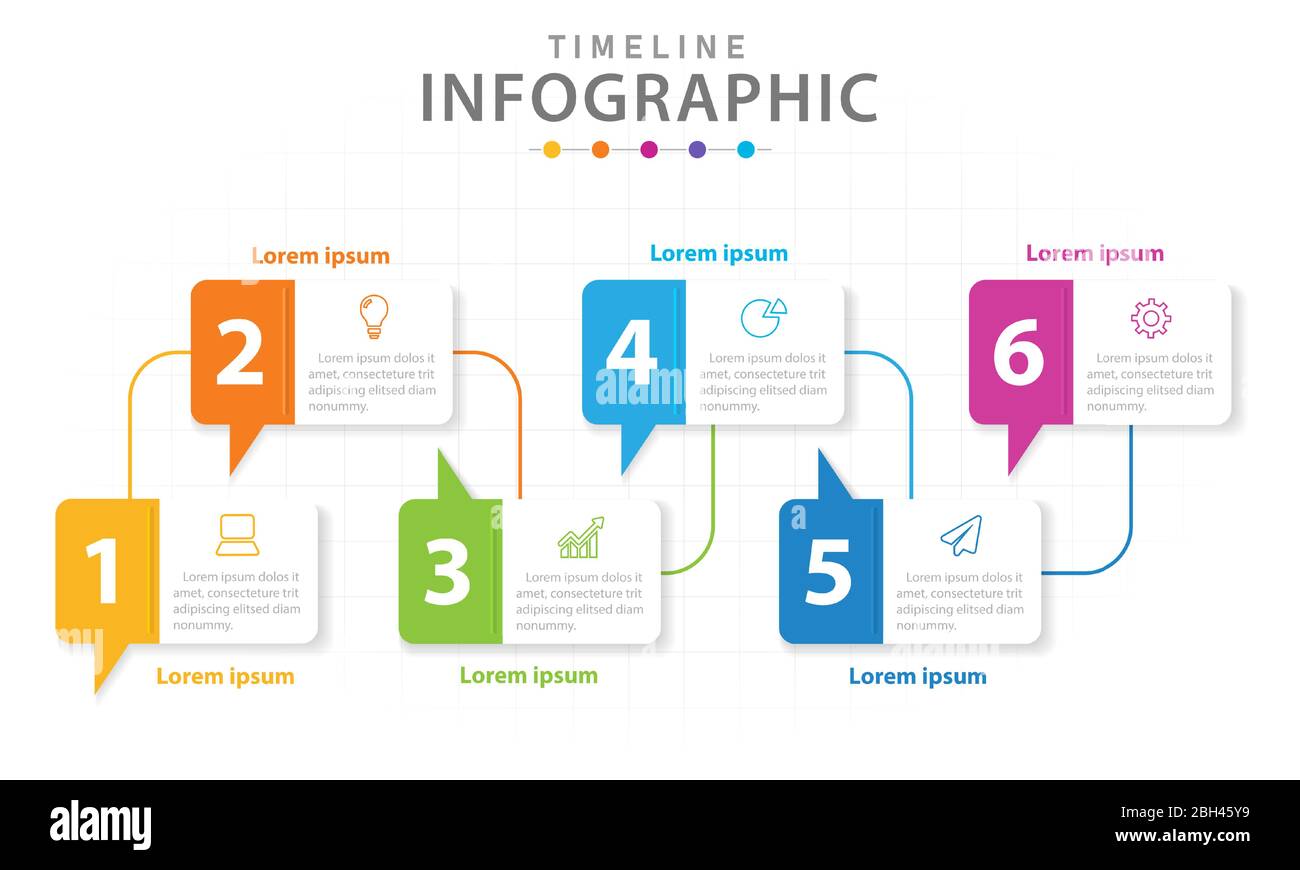 Modèle d'infographie pour les entreprises. Diagramme de la chronologie moderne en 6 étapes avec graphique en courbes, infographie vectorielle de présentation. Illustration de Vecteur