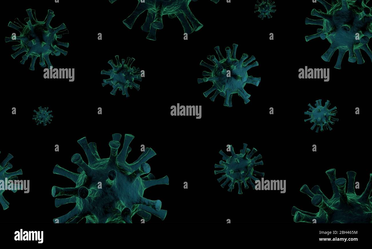 Rendu tridimensionnel du virus microscopique abstrait. L'illustration présente une conception scientifique bleu-vert du coronavirus COVID-19, de la grippe, des germes ou d'autres maladies. Banque D'Images