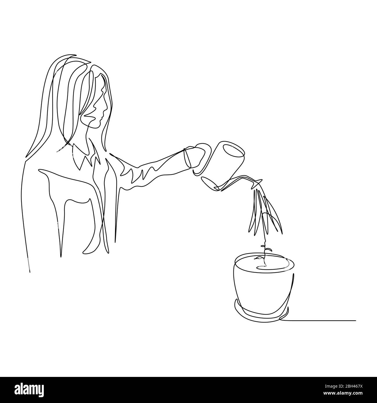 Une femme continue arrose une plante dans un pot. Le concept de la formation, de l'investissement et du capital. Illustration du stock vectoriel. Illustration de Vecteur