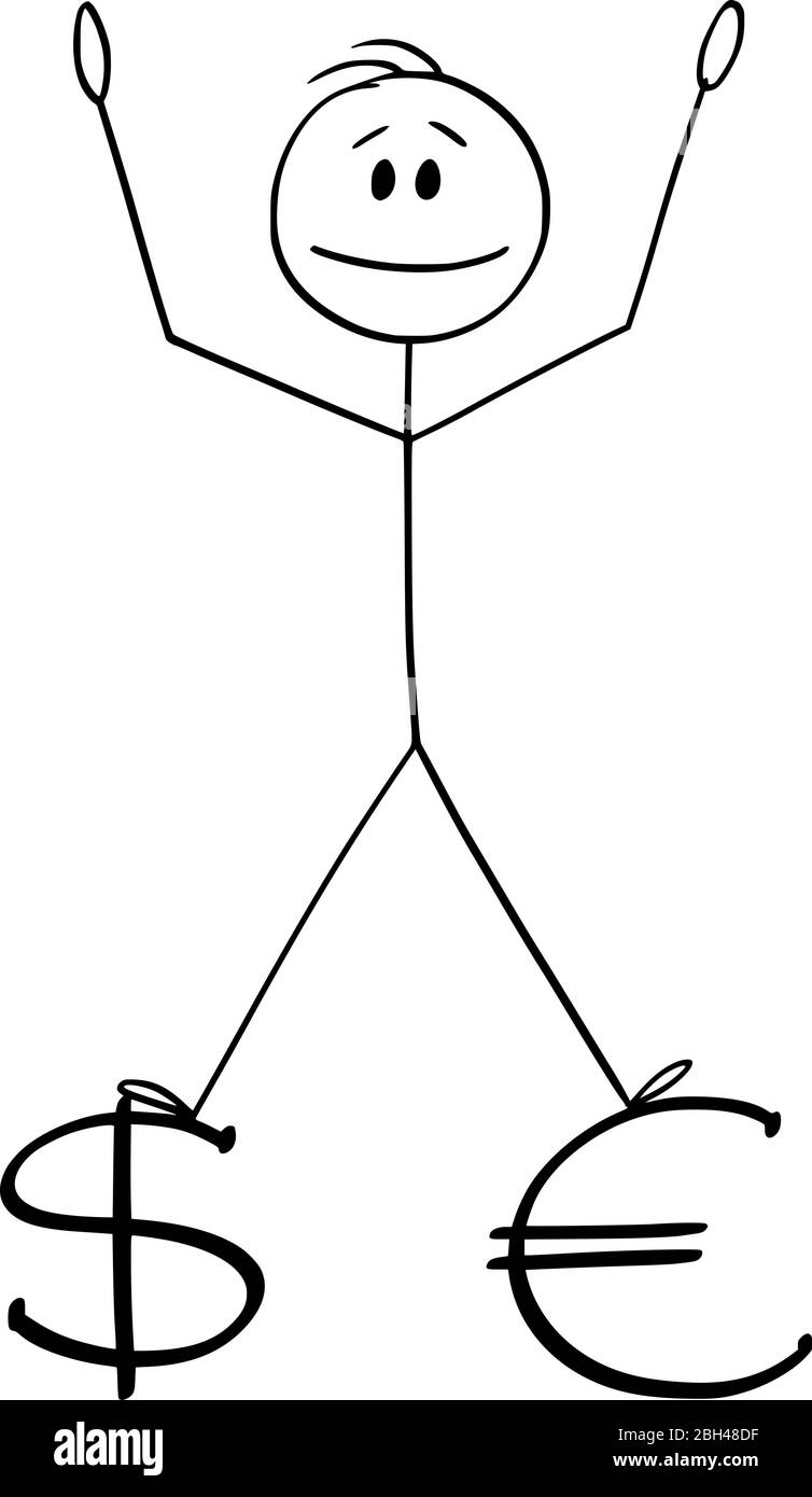 Dessin vectoriel de dessin graphique de dessin-dessin illustration conceptuelle de l'homme ou de l'homme d'affaires ou de l'investisseur se tenant sur le dollar et les symboles de la monnaie euro.concept global de marché et d'économie. Illustration de Vecteur