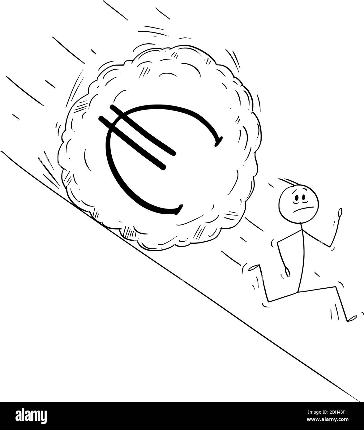 Dessin de dessin de dessin de dessin de dessin de dessin de dessin conceptuel de l'homme ou de l'homme d'affaires stressé s'éloignant de bloc roulant en bas de colline. Concept financier de la baisse de la monnaie euro. Illustration de Vecteur