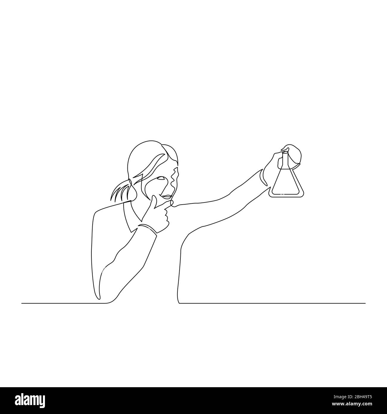 Une ligne continue femme chimiste regarde soigneusement la fiole dans sa main. Illustration du stock vectoriel. Illustration de Vecteur