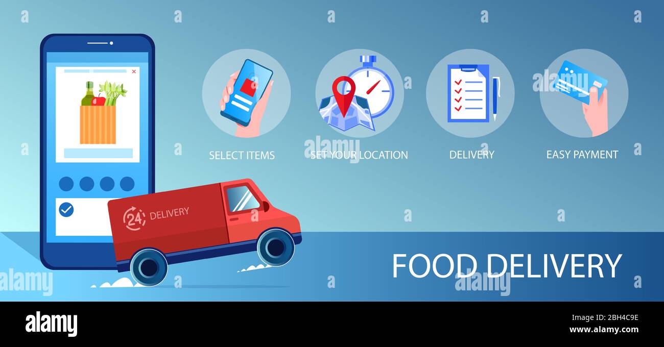 Vecteur d'une application de commande de nourriture en ligne sur un smartphone avec camion de livraison rapide Illustration de Vecteur