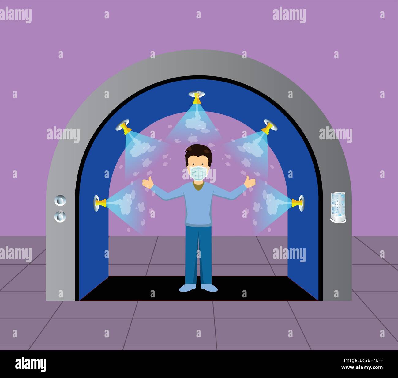 Désinfectez le tunnel pour le désinfectant et protégez les gens contre le coronavirus de covid-19. Tunnel vaporise des antibiotiques sur le corps humain pour tuer les germes et les virus. Illustration de Vecteur