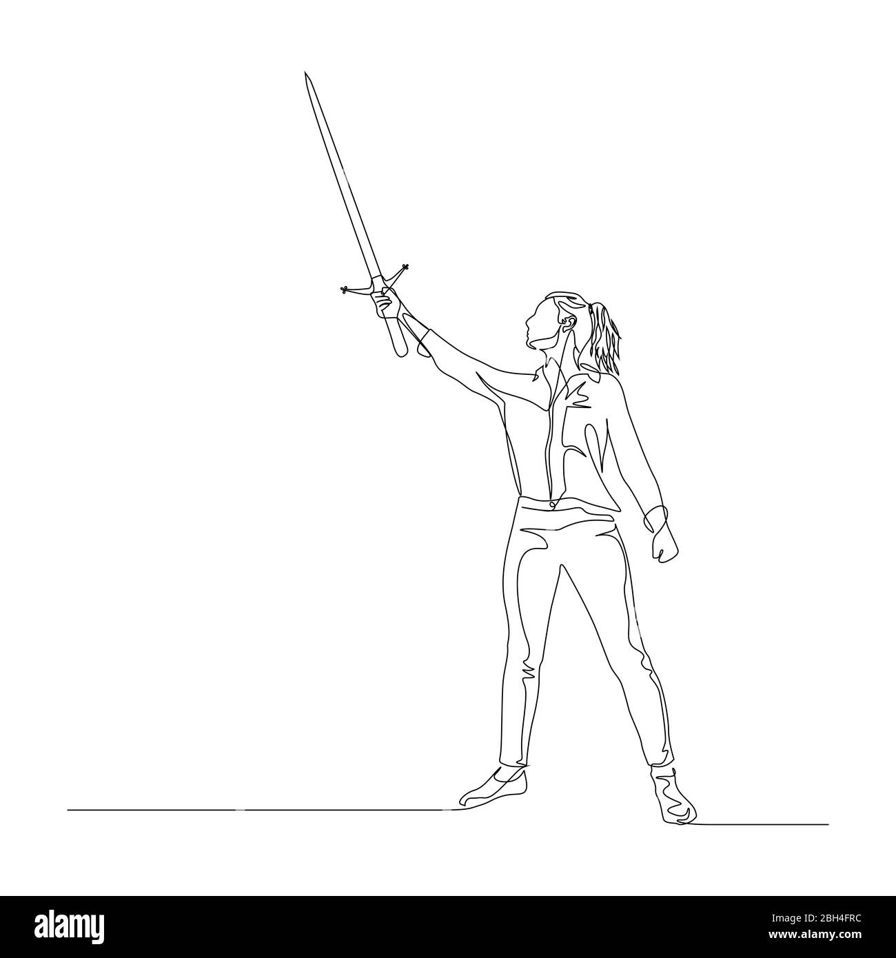 Une femme continue debout avec une épée dans sa main haute. Posture héroïque. Vecteur Illustration de Vecteur