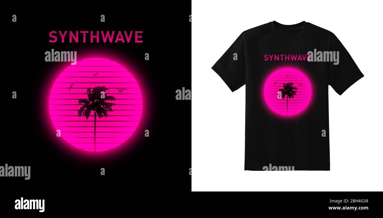 Synthwave. Palmier et silhouettes de Miami Beach sur fond ensoleillé brillant à rayures. Typographie, impression, illustration vectorielle. Illustration de Vecteur