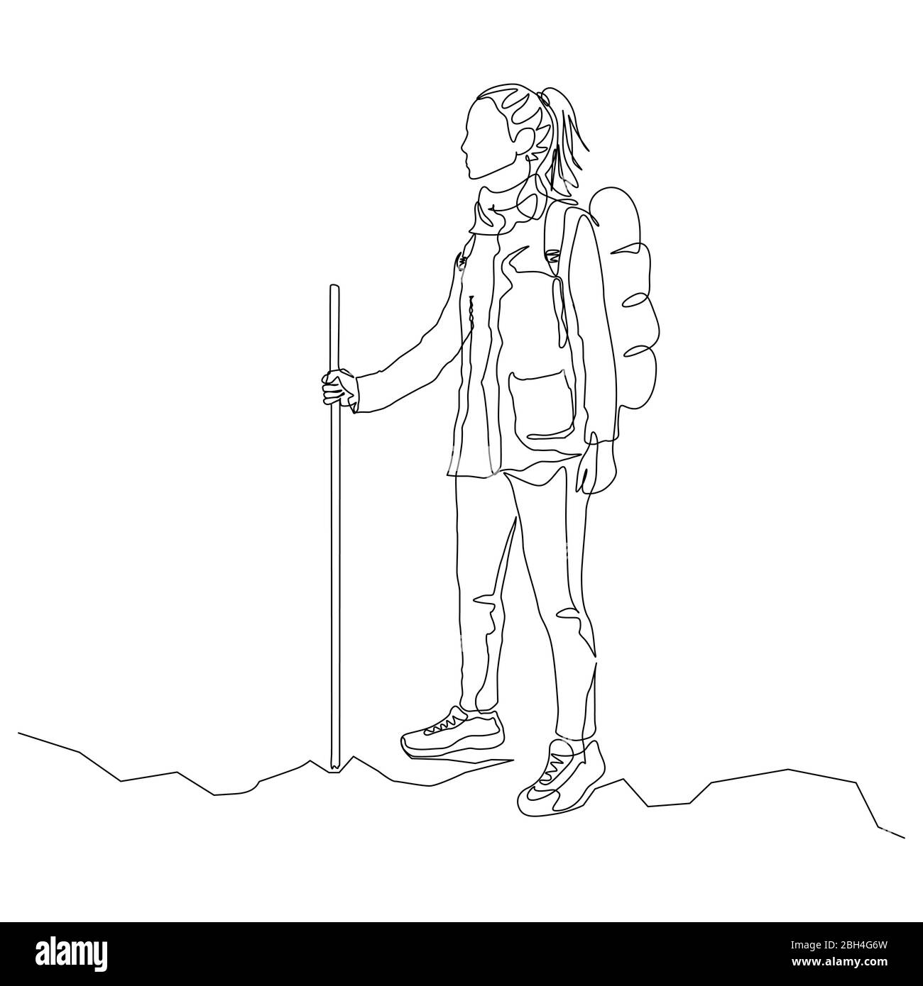 Voyageur femme continu d'une ligne avec sac à dos et bâton de randonnée.  Thème de voyage et de voyage. Vecteur Image Vectorielle Stock - Alamy