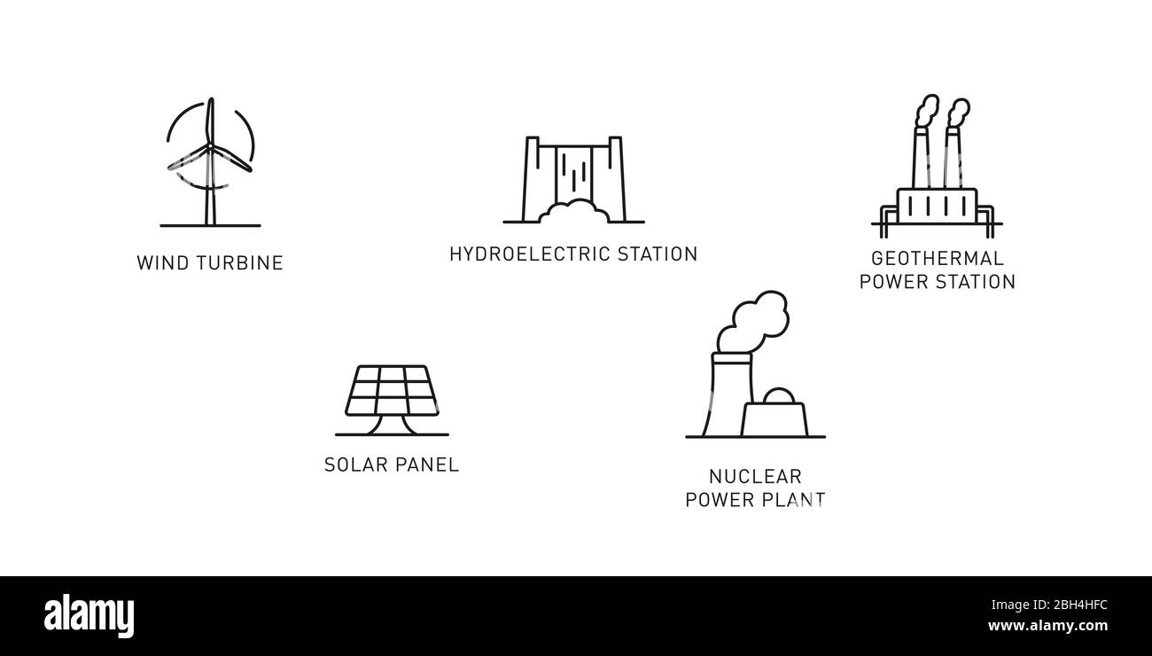 Ensemble d'icônes de ligne fine de source d'énergie renouvelable. Éléments de conception pour les énergies renouvelables, la technologie verte. Illustration vectorielle. Illustration de Vecteur