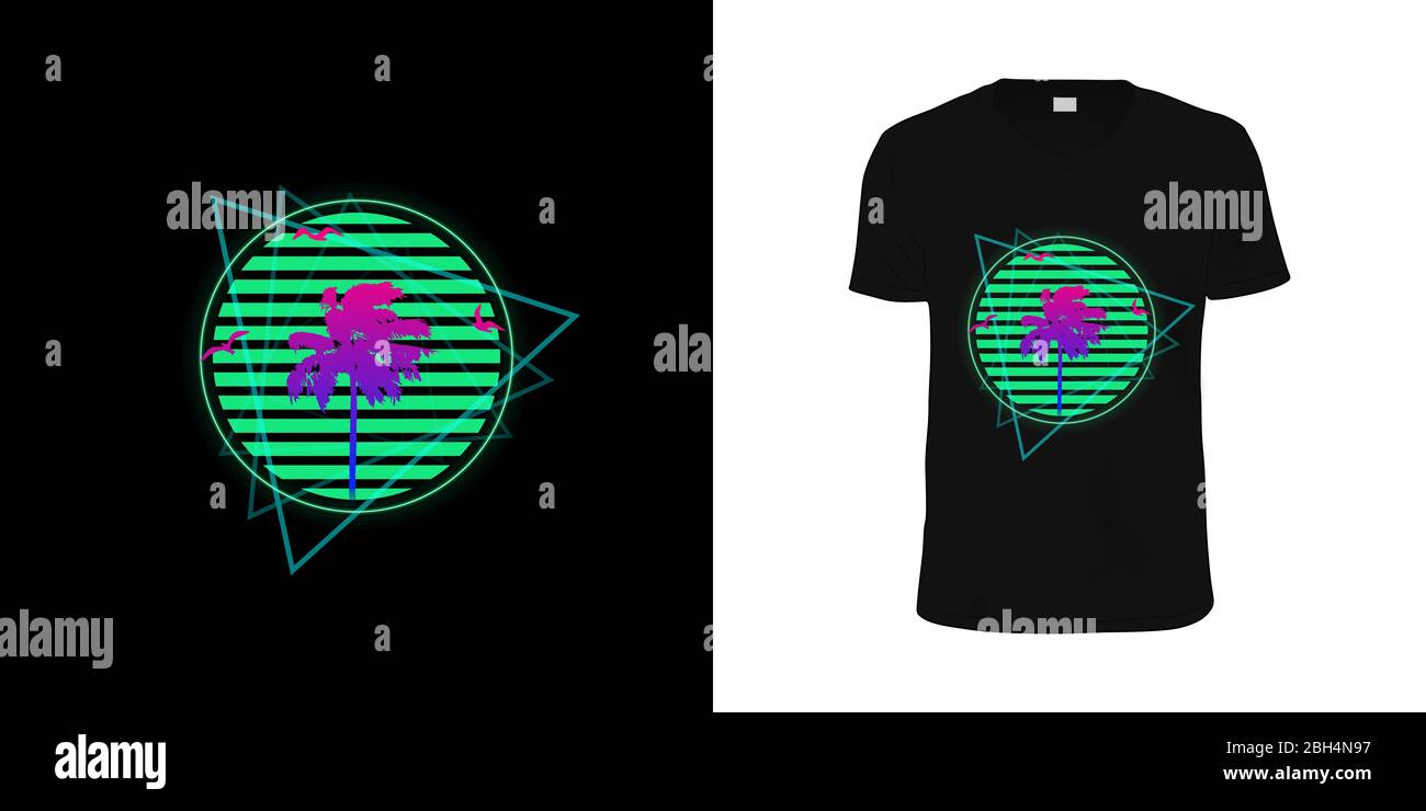 Palmier de plage de Miami et silhouettes de mouettes sur fond de cercle vert dépouillé. Typographie, impression, illustration vectorielle. Illustration de Vecteur